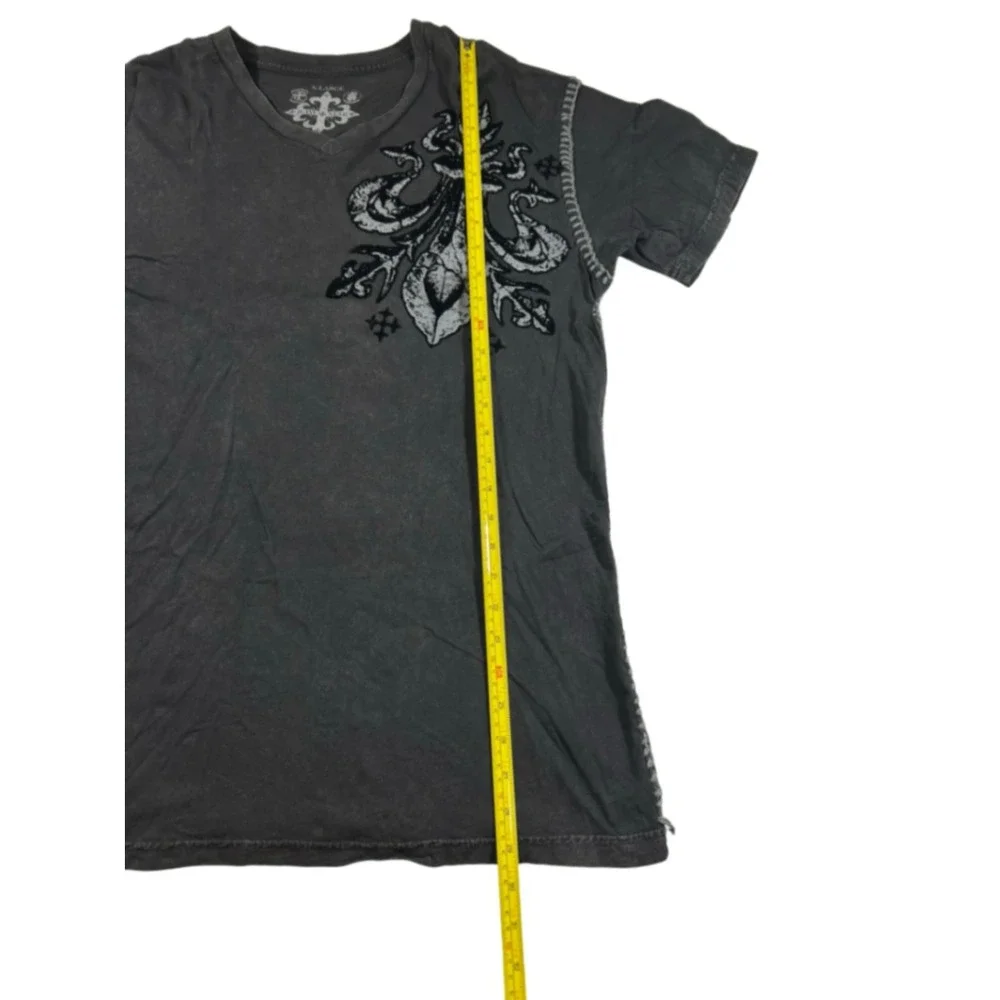 Raw State Mens XL V-Neck T-Shirt Faded Black Winged Cross Flocked Graphic Y2K